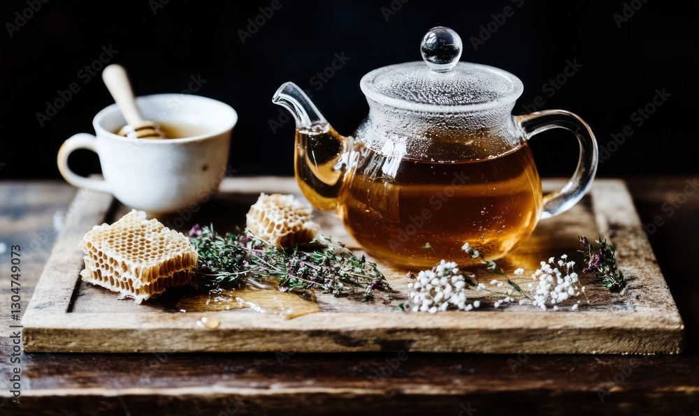 Glass teapot with herbal tea, honey and honeycomb on a wooden tray, cottagecore rustic atmosphere, natural ingredients for a healthy drink, vintage aesthetic, AI generated