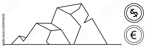 Abstract geometric mountain beside dollar and euro symbols representing financial obstacles and global economy dynamics. Ideal for finance, investment, risk, achievement, analysis, strategy, success