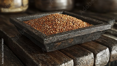 Pile of reddish-brown seeds in dark wooden bowl on wooden table.  Possible use Stock photo for food, seeds, cooking, or culinary articles photo