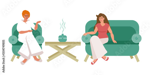 Sad woman in the office of a psychotherapist, psychiatrist, psychologist discusses personal problems, internal disharmony, conflicts in family life, mental health with a specialist - vector color flat