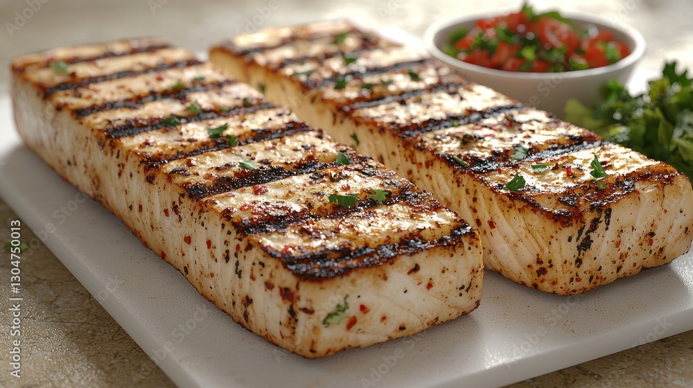 Grilled fish fillets on a white board with salsa in background. Possible use Cookbook, food blog, restaurant menu Grilled fish fillets on a white board with salsa in background. Possible use Cookbook, food blog, restaurant menu