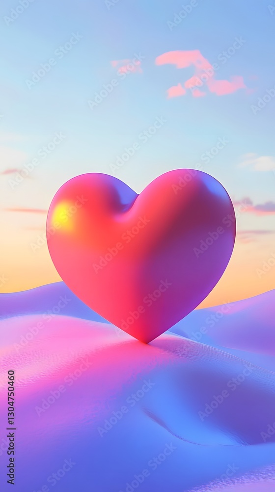 A pink heart-shaped object on colorful, undulating terrain under a pastel sky. A pink heart-shaped object on colorful, undulating terrain under a pastel sky.