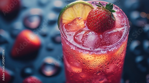 Refreshing strawberry cocktail on ice, dark background.  Possible stock photo use photo