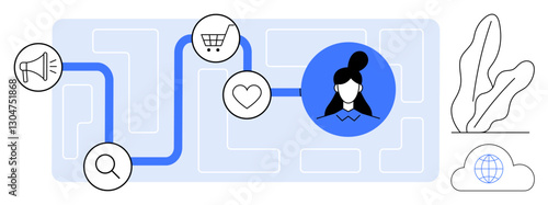 Pictorial path connecting marketing, search, shopping cart, and heart icon to user profile. Ideal for user journey, e-commerce, marketing strategy, customer behavior, engagement digital presence UX
