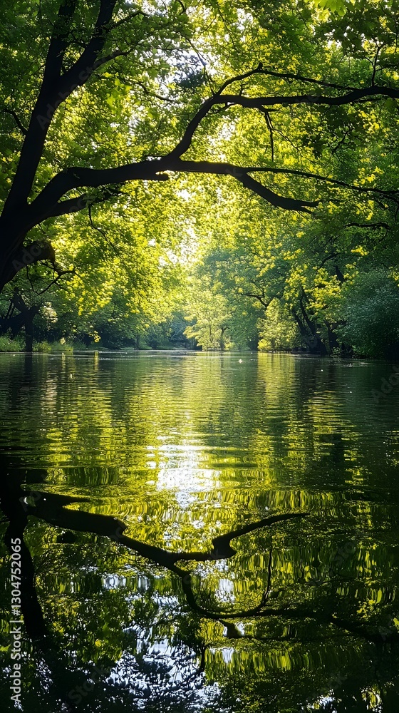 Serene river landscape framed by vibrant green trees and shimmering water reflections. Serene river landscape framed by vibrant green trees and shimmering water reflections.
