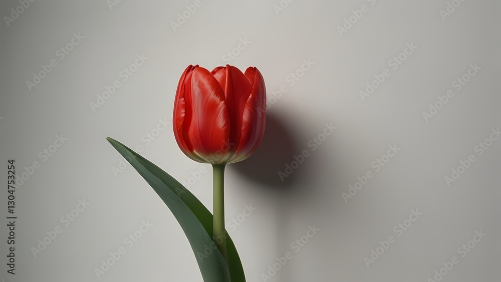 Bright red tulip with green leaves leaning against a smooth gray wall in a softly lit room Bright red tulip with green leaves leaning against a smooth gray wall in a softly lit room