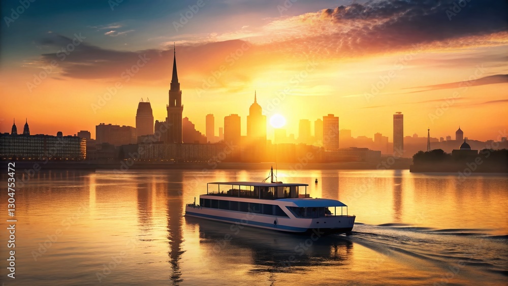 Fototapeta premium Silhouette of Danube River Catamaran at Sunset, Vienna to Bratislava