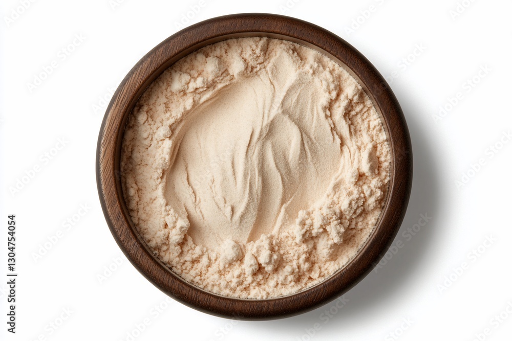 Beige powder in wooden bowl, overhead shot Beige powder in wooden bowl, overhead shot