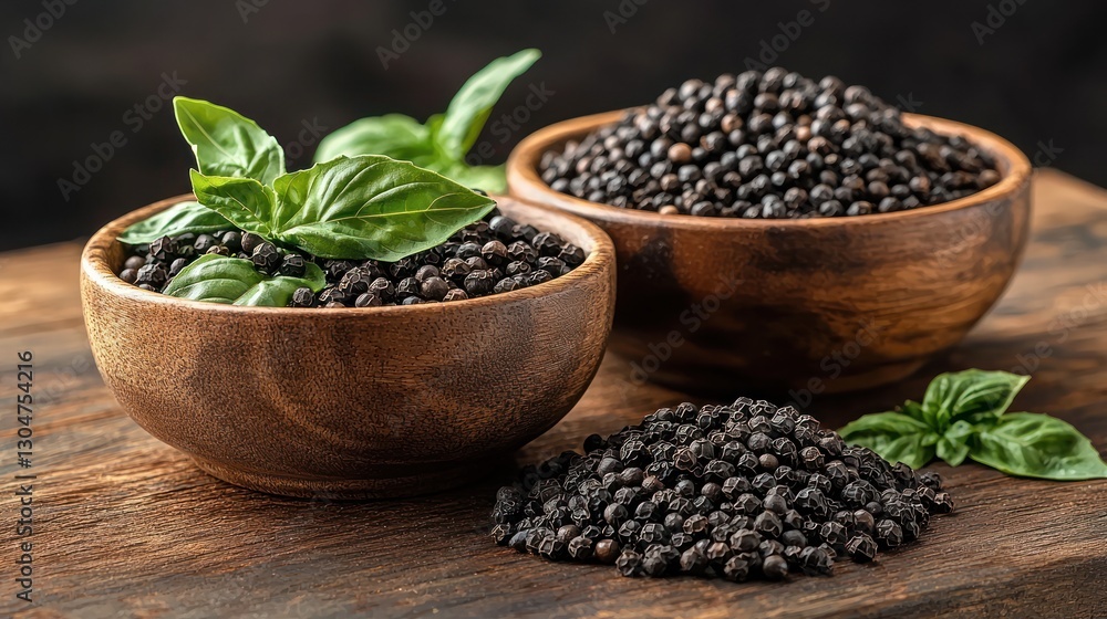 Black peppercorns in wooden bowls, fresh basil leaves, dark wooden background. Stock photo of spices Black peppercorns in wooden bowls, fresh basil leaves, dark wooden background. Stock photo of spices