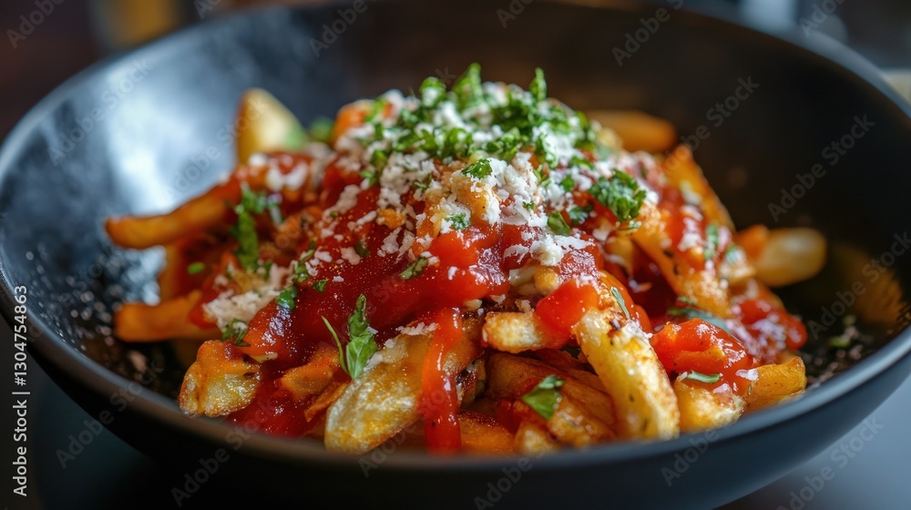 Delicious french fries topped with tomato sauce, grated cheese, and fresh herbs. Delicious french fries topped with tomato sauce, grated cheese, and fresh herbs.