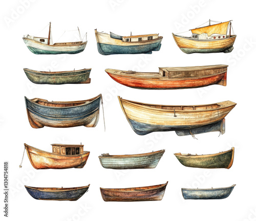 Colorful fishing boats harbor watercolor isolated on transparent background png photo