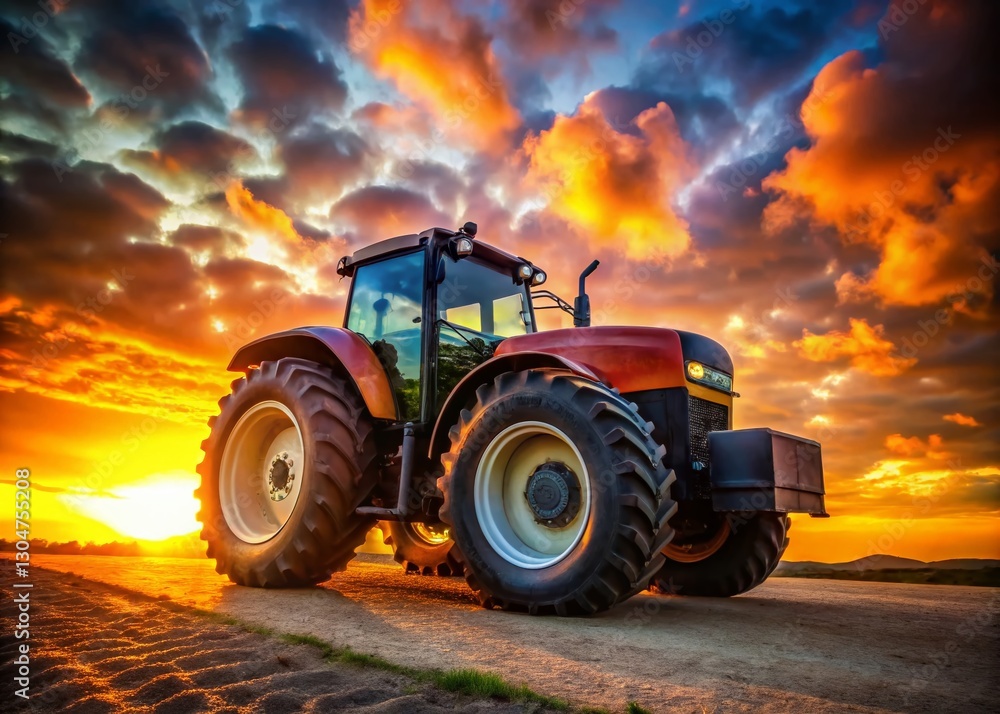 Fototapeta premium Silhouette of Large Wheeled Tractor with Wide Tires at Sunset, Agricultural Machinery, Farming Equipment