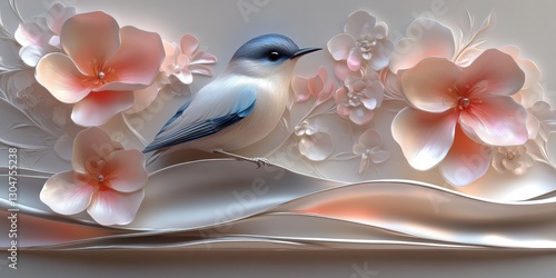 Elegant bird among delicate blossoms for nature themed decor and art photo