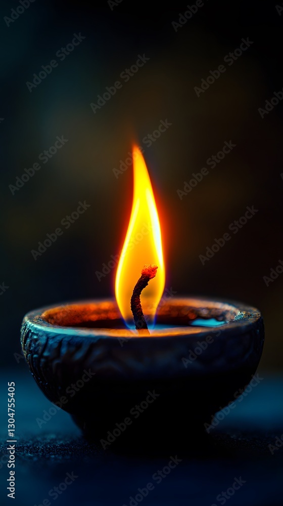 A mesmerizing flame dances in a traditional clay oil lamp. A mesmerizing flame dances in a traditional clay oil lamp.