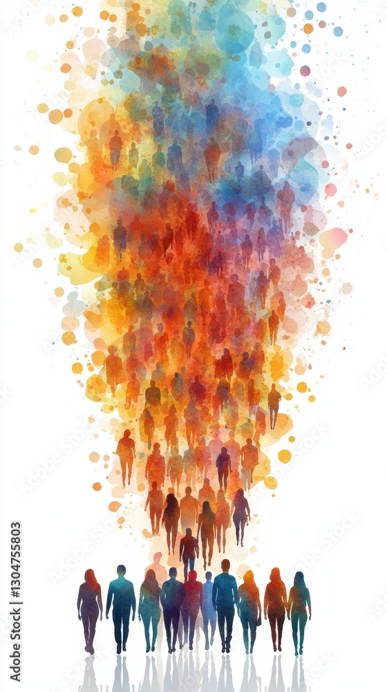 Fototapeta premium Diverse unity and community concept with vibrant watercolor silhouettes. Virtual Advocacy Day
