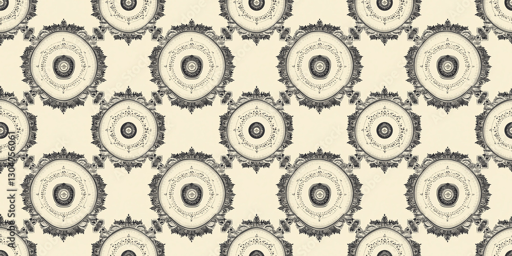Intricate seamless background pattern featuring decorative circular motifs in a vintage style. pattern certificate Intricate seamless background pattern featuring decorative circular motifs in a vintage style. pattern certificate
