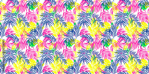 Tropical Caribbean tile pattern featuring vibrant palm leaves and a colorful background design. Pattern Caribbean
