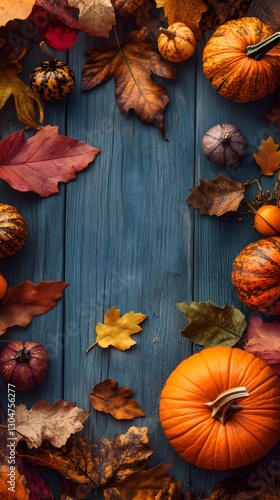 Wallpaper Mural Autumn scene with colorful pumpkins and leaves on a blue wooden background. Torontodigital.ca