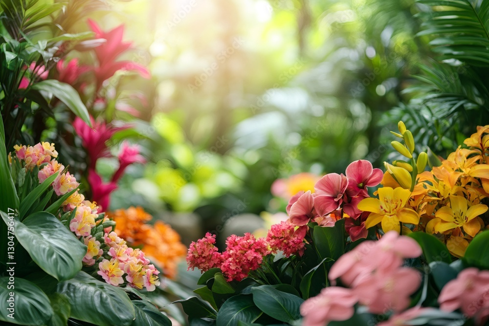 Colorful tropical flowers blooming in a garden with warm sunlight Colorful tropical flowers blooming in a garden with warm sunlight