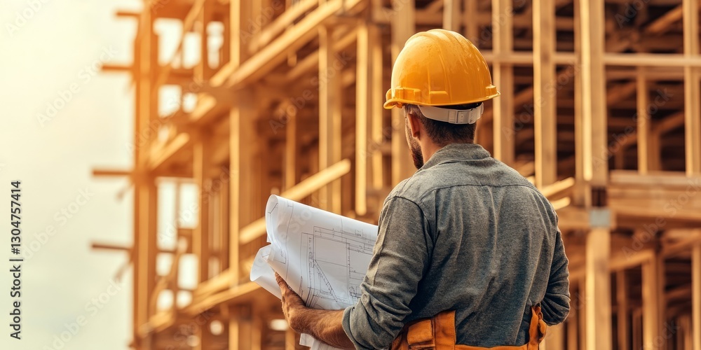 Worker wearing a hard hat studies construction blueprints while overseeing the development of a wooden structure in the evening light Worker wearing a hard hat studies construction blueprints while overseeing the development of a wooden structure in the evening light
