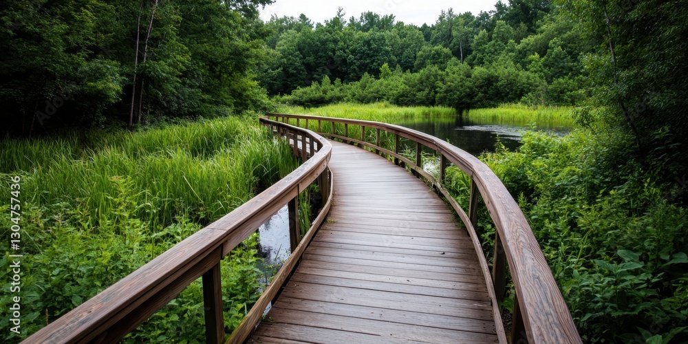 Serene wooden boardwalk through lush green forest and tranquil wetlands. American Wetlands Month Serene wooden boardwalk through lush green forest and tranquil wetlands. American Wetlands Month