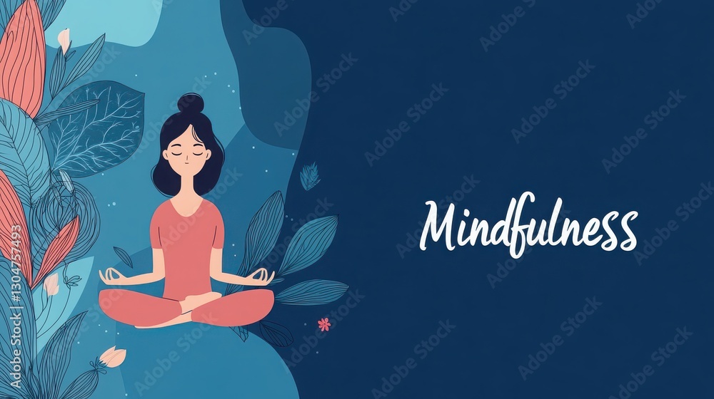 Mindfulness meditation concept: a serene woman, flat vector design. Abstract blue background and decorative leaves and flowers, digital illustration art.Text space. Mindfulness meditation concept: a serene woman, flat vector design. Abstract blue background and decorative leaves and flowers, digital illustration art.Text space.