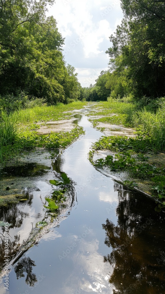 Serene summer wetland with lush greenery and tranquil reflective water. American Wetlands Month Serene summer wetland with lush greenery and tranquil reflective water. American Wetlands Month