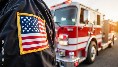 Focused firefighter showing American flag on uniform, emergency response