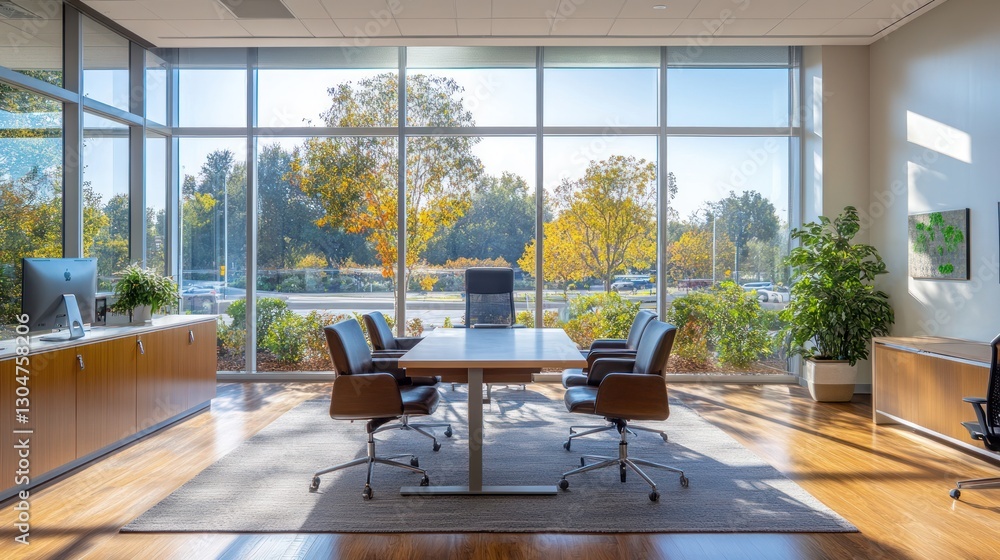 Fototapeta premium Modern office conference room with panoramic window views