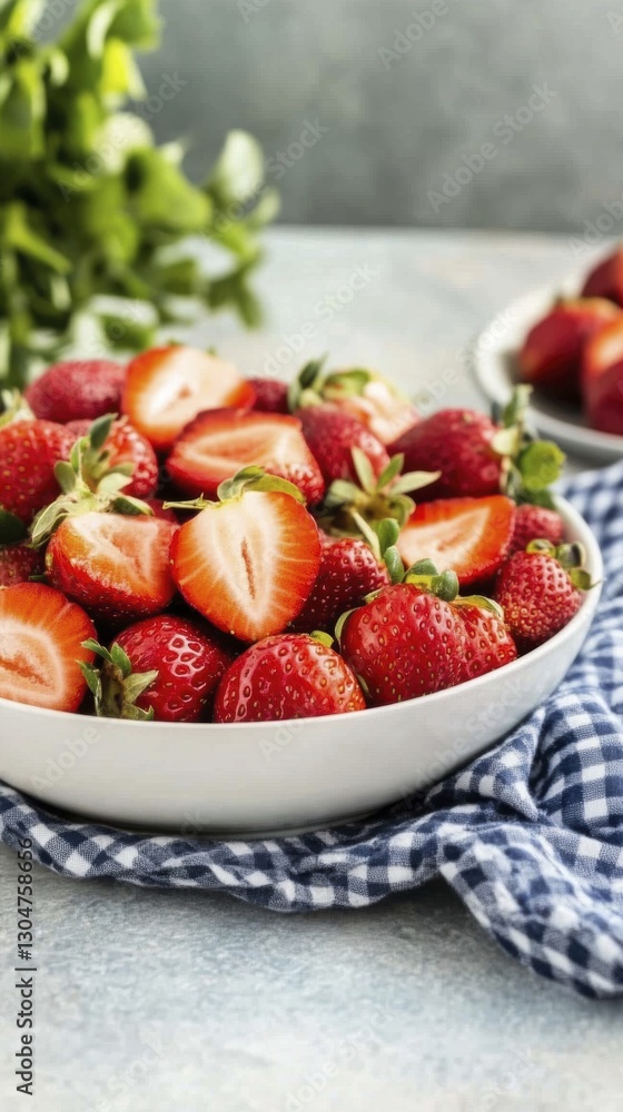 Fresh strawberries in white bowl on blue checkered cloth with green leaves in background Fresh strawberries in white bowl on blue checkered cloth with green leaves in background