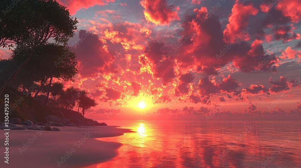 Naklejka premium Tropical beach sunset, vibrant colors, calm ocean. Possible use Background for travel advertisement