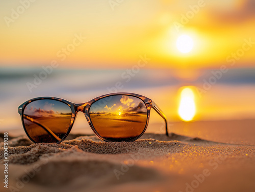 Wallpaper Mural Stylish sunglasses resting on sandy beach at sunset with warm colors reflecting in lenses Torontodigital.ca