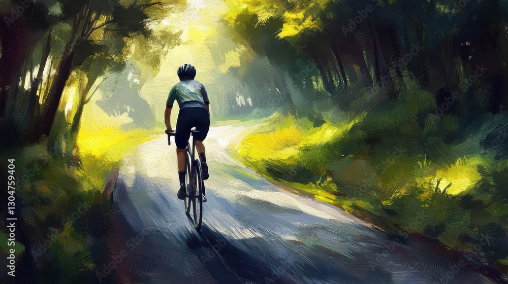 Cyclist Riding on Forest Path During Bright Sunny Daylight Cyclist Riding on Forest Path During Bright Sunny Daylight