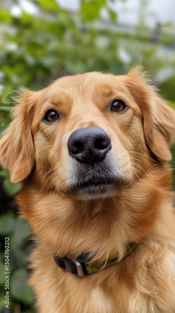 Golden retriever dog with fluffy fur in natural setting with green foliage. National Purebred Dog Day. The Farmer's Dog Golden retriever dog with fluffy fur in natural setting with green foliage. National Purebred Dog Day. The Farmer's Dog