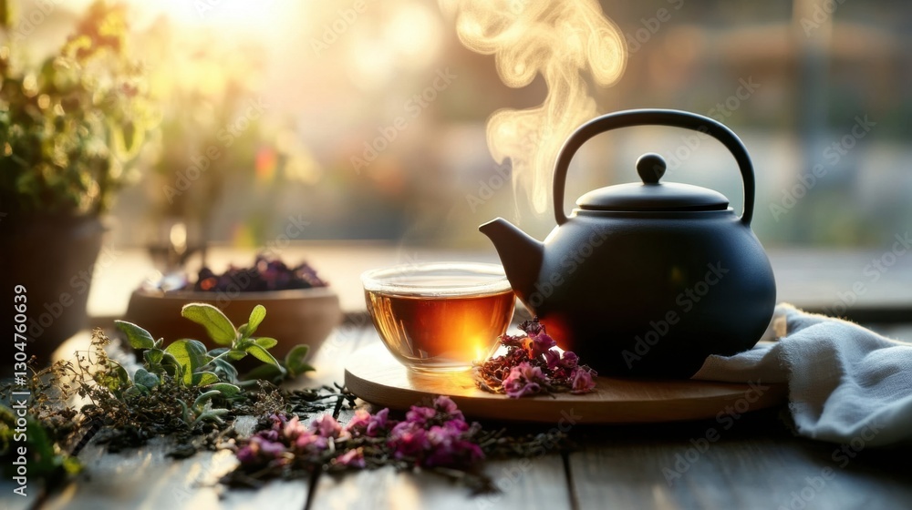 Fototapeta premium Steaming black teapot and herbal tea in sunlit garden