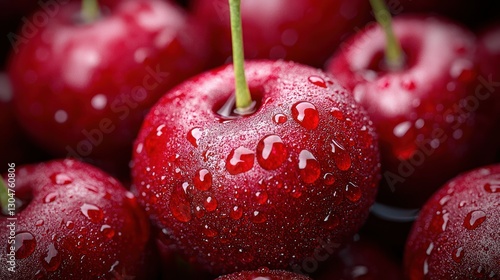 Close-up of fresh cherries with water droplets