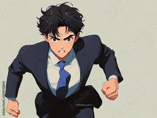 Dynamic businessman in stylish anime attire urban setting action scene vibrant mood