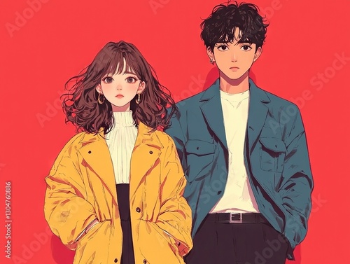 Stylish anime fashion duo urban setting digital art portrait vibrant background creative expression
