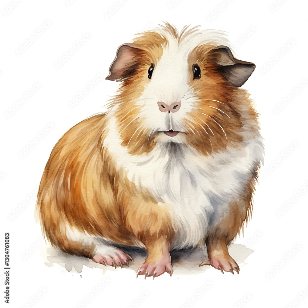Adorable Guinea Pig Portrait: A cute guinea pig with soft, fluffy fur in shades of brown and white, posing with an endearing expression, captured with a painterly watercolor effect. Adorable Guinea Pig Portrait: A cute guinea pig with soft, fluffy fur in shades of brown and white, posing with an endearing expression, captured with a painterly watercolor effect.
