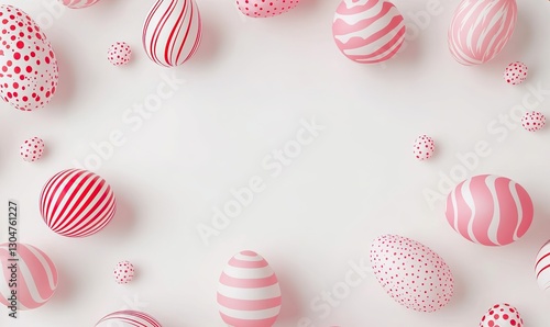 3D rendering of pastel Easter eggs on white background with text space, top view flat lay. Simple design for spring cards or digital banners