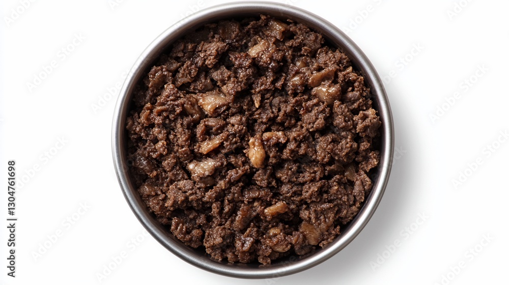 Canned dog food in bowl, white background Canned dog food in bowl, white background