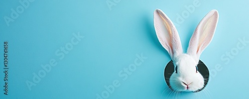 Minimalist Easter banner with white rabbit ears on blue background, flat lay pastel concept for holiday greetings or social media ads.
