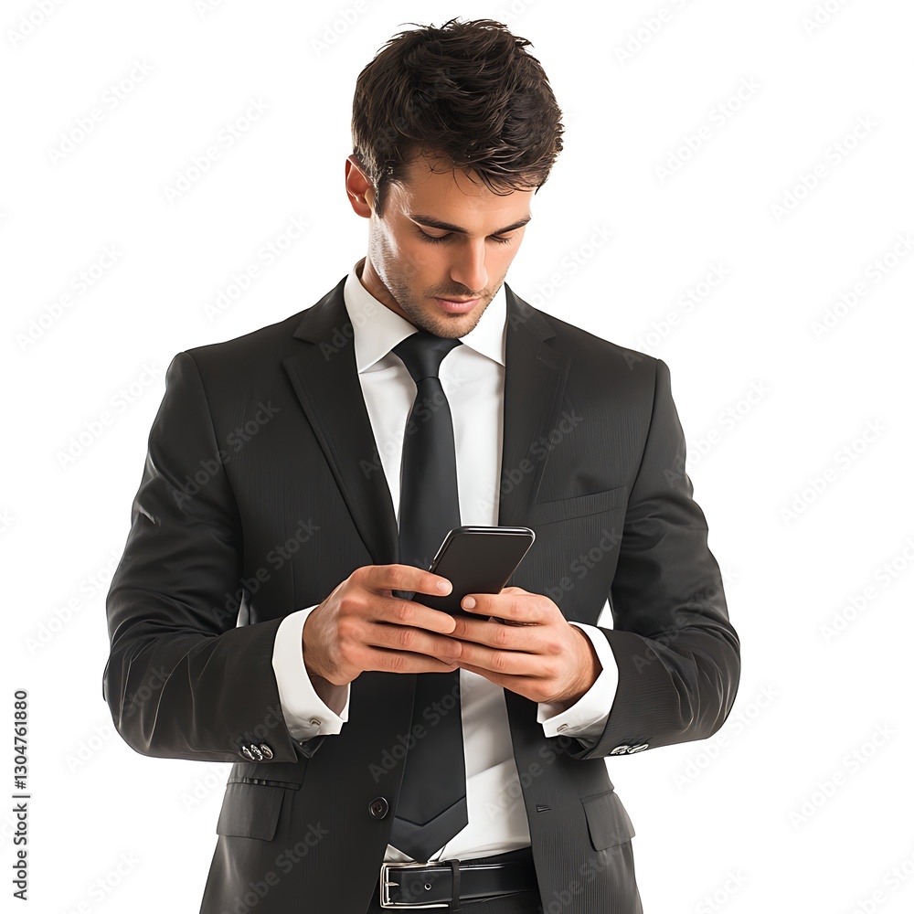 Corporate Connectivity: A focused, formally dressed businessperson engrossed in their smartphone, representing modern communication and business technology. Corporate Connectivity: A focused, formally dressed businessperson engrossed in their smartphone, representing modern communication and business technology.
