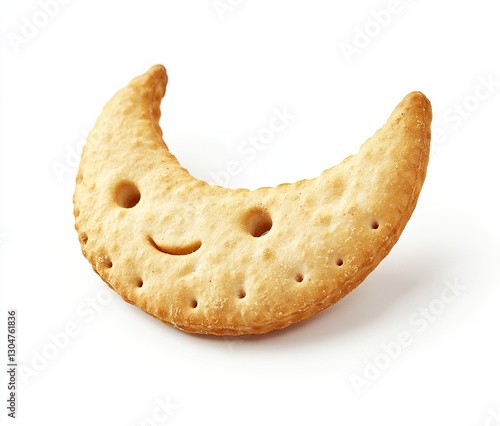  Crescent moon-shaped cracker with face-like holes isolated on white background. Whimsical food photography for snacks or children’s brands.