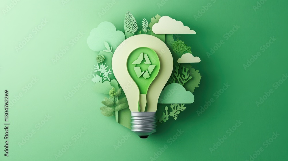Lightbulb with recycling symbol surrounded by nature, promoting sustainability
