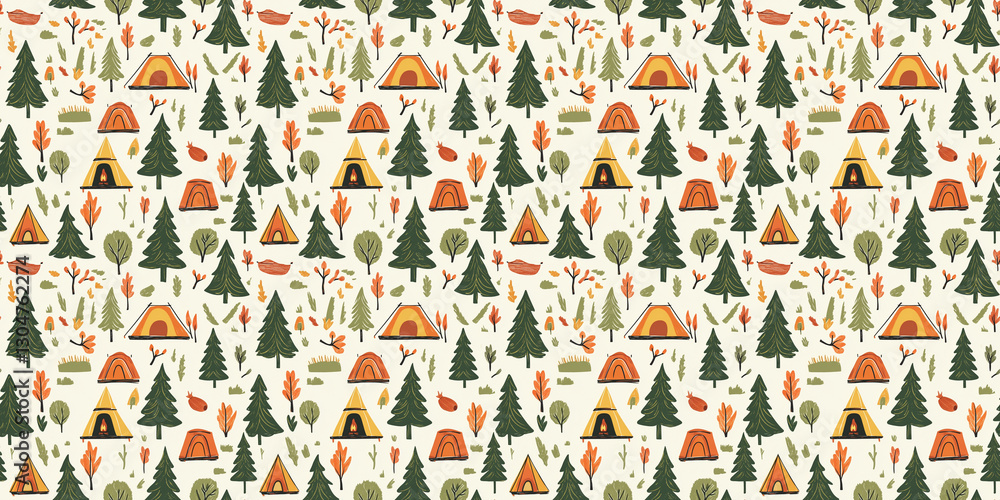 Obraz premium Vibrant seamless camping pattern featuring tents, trees, and wildlife in a nature-inspired design. Camping Pattern