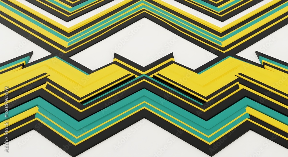 Abstract Zigzag Pattern with Yellow Teal and Black Stripes on White Abstract Zigzag Pattern with Yellow Teal and Black Stripes on White