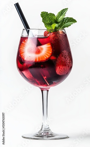 Sangria in wine glass with fruit and mint, isolated on white background with dreamy seascape style. Tropical cocktail photography for summer promotions.  

