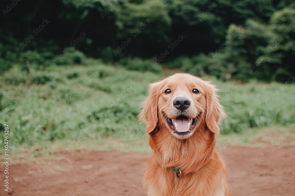 Obraz premium Smiling golden retriever in lush green surroundings, exuding joy