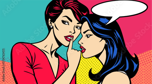 Pop art poster. Gossip. Whispering women. Rumor concept. Retro vibrant vector illustration